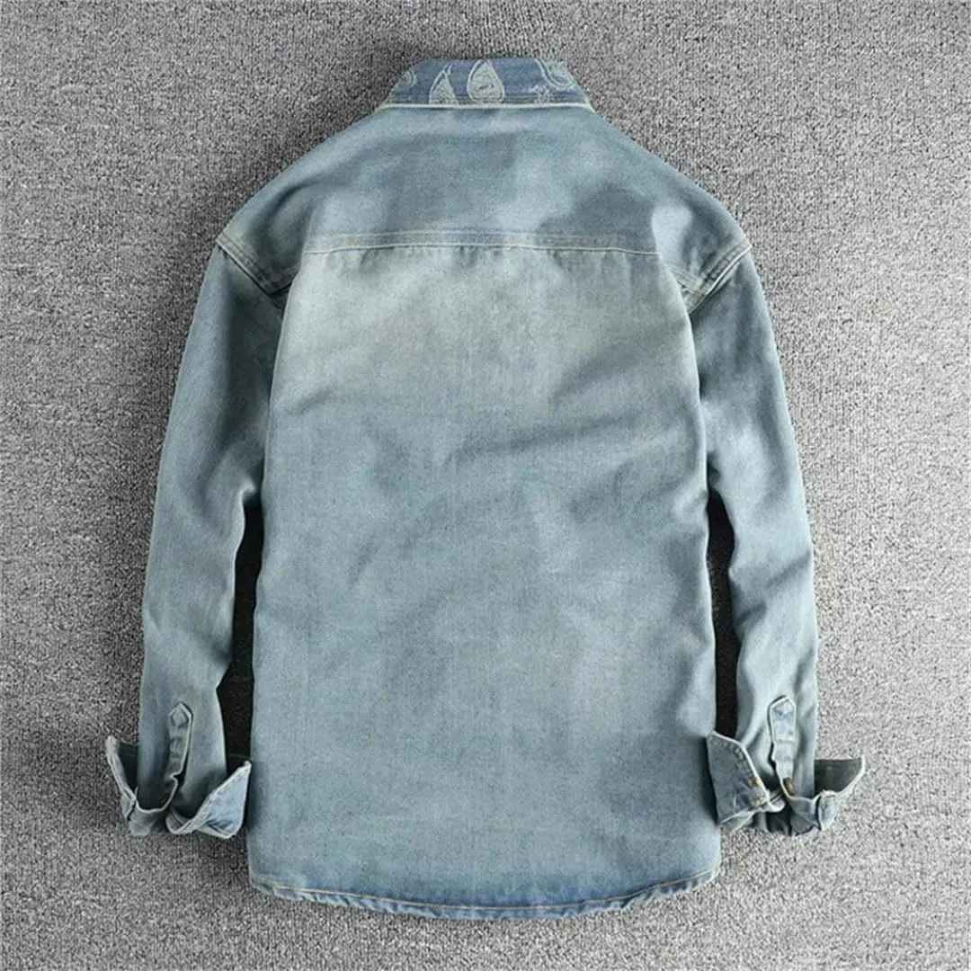Men's Collar Embroidery Design Vintage Denim Shirt with Long Sleeves Coat