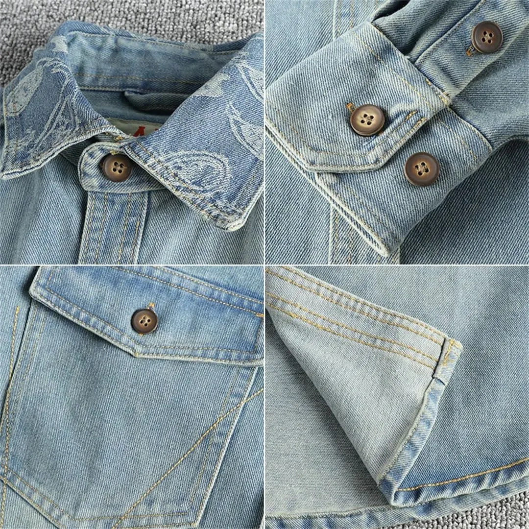 Men's Collar Embroidery Design Vintage Denim Shirt with Long Sleeves Coat