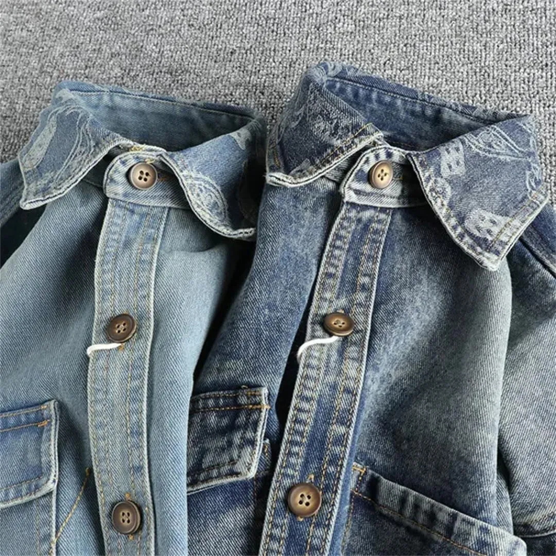Men's Collar Embroidery Design Vintage Denim Shirt with Long Sleeves Coat