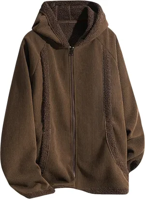 Men's Corduroy Fleece Jacket Winter Warm Full Zip Sherpa Plush Lined Hooded Coat Fuzzy Sweatshirt with Pockets
