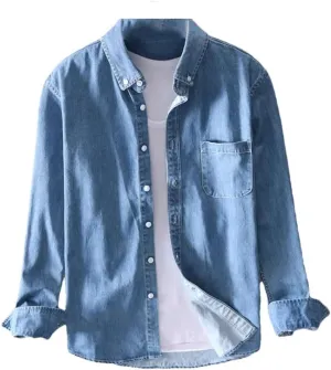 Men's Cotton Denim Shirt Casual Long Sleeved Fashion Slim Tops Vintage Washed Cowboy Shirt