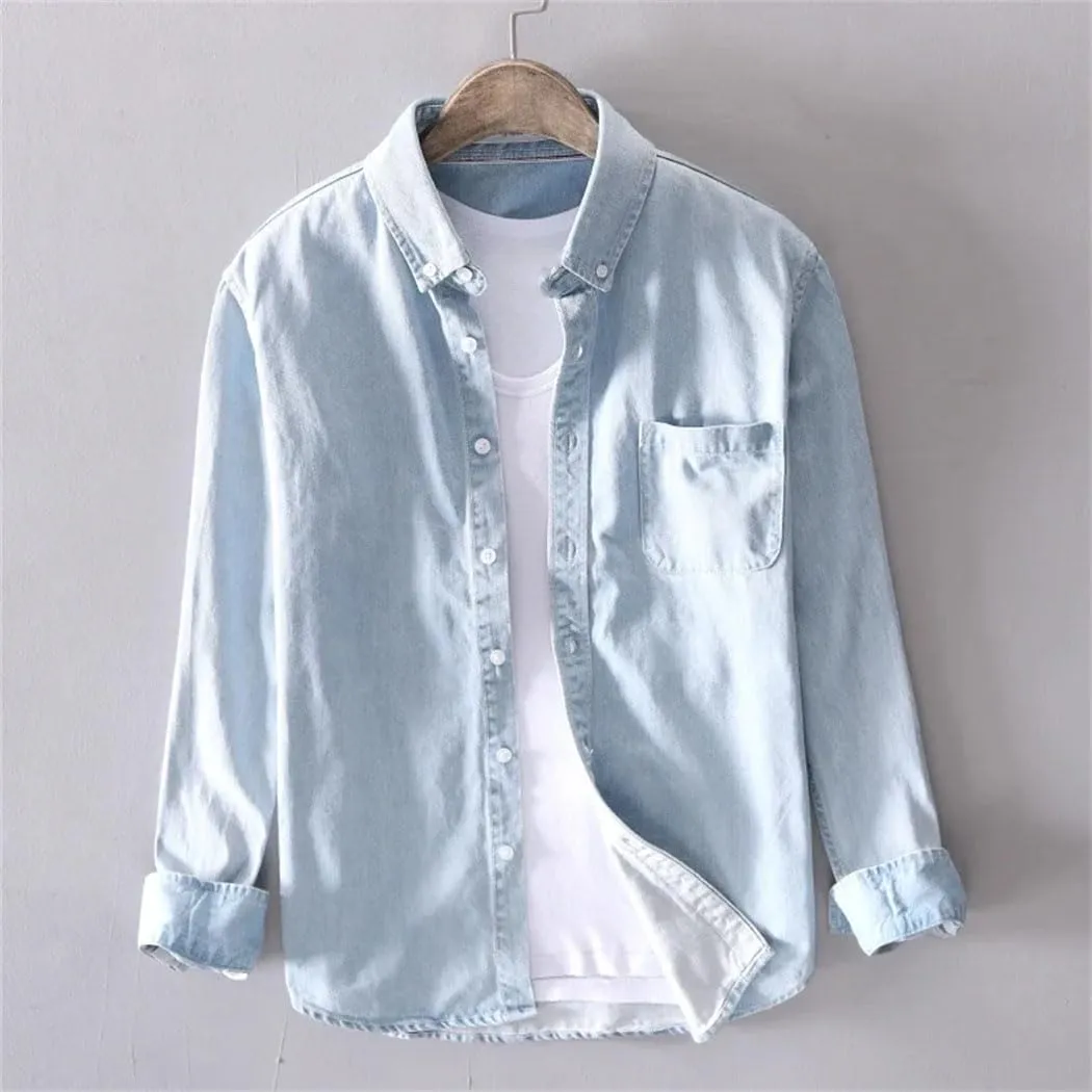 Men's Cotton Denim Shirt Casual Long Sleeved Fashion Slim Tops Vintage Washed Cowboy Shirt