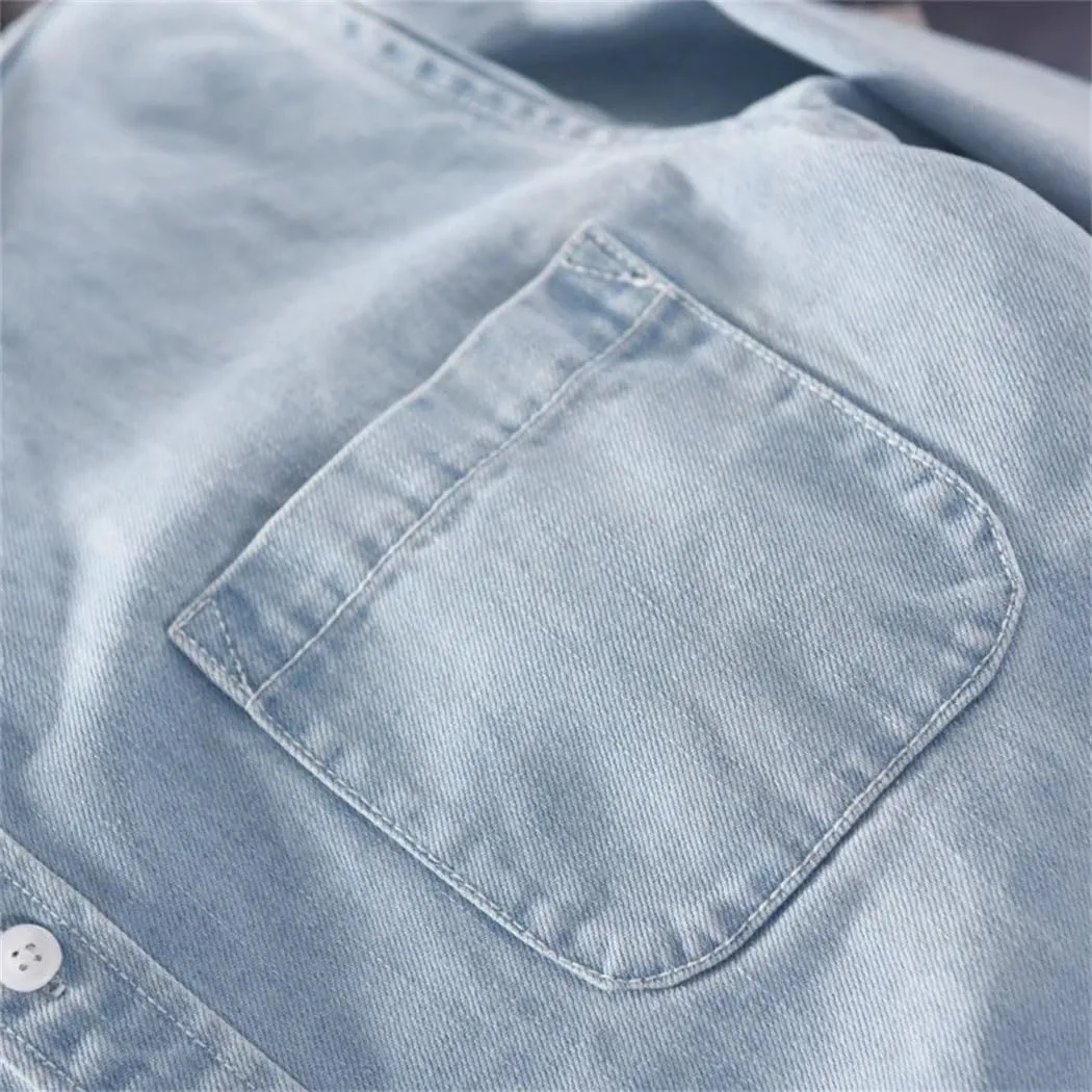 Men's Cotton Denim Shirt Casual Long Sleeved Fashion Slim Tops Vintage Washed Cowboy Shirt