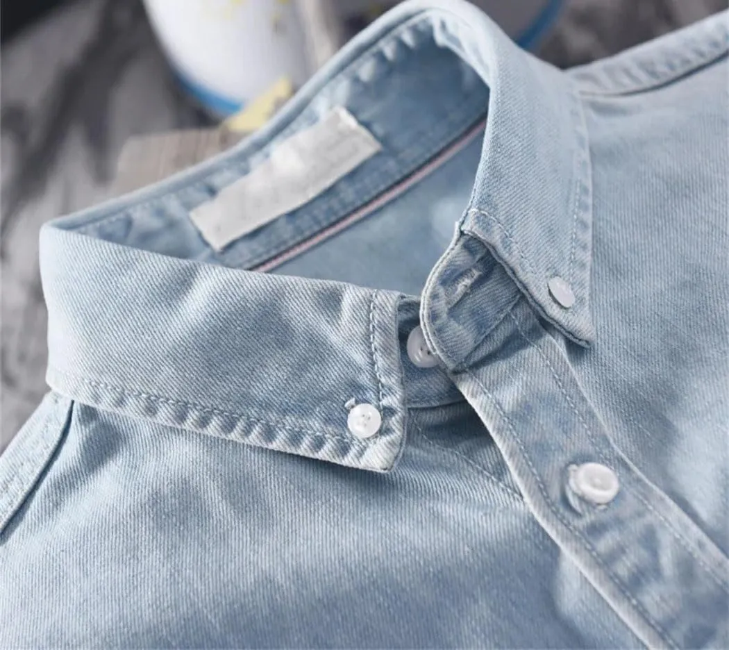 Men's Cotton Denim Shirt Casual Long Sleeved Fashion Slim Tops Vintage Washed Cowboy Shirt