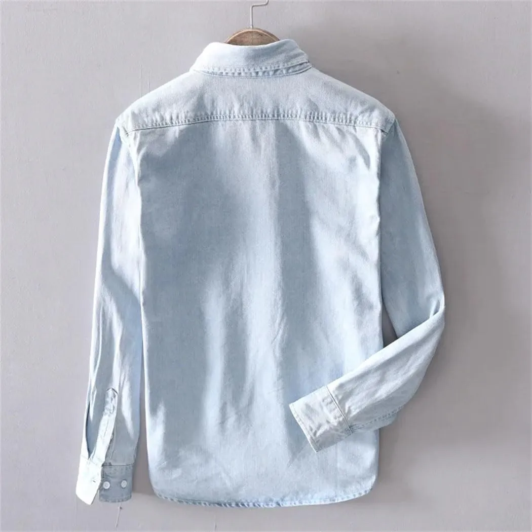 Men's Cotton Denim Shirt Casual Long Sleeved Fashion Slim Tops Vintage Washed Cowboy Shirt