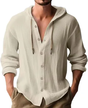 Men's Cotton Linen Shirt Hooded Shirt Button Long Sleeve Spring Summer Leisure Shirt