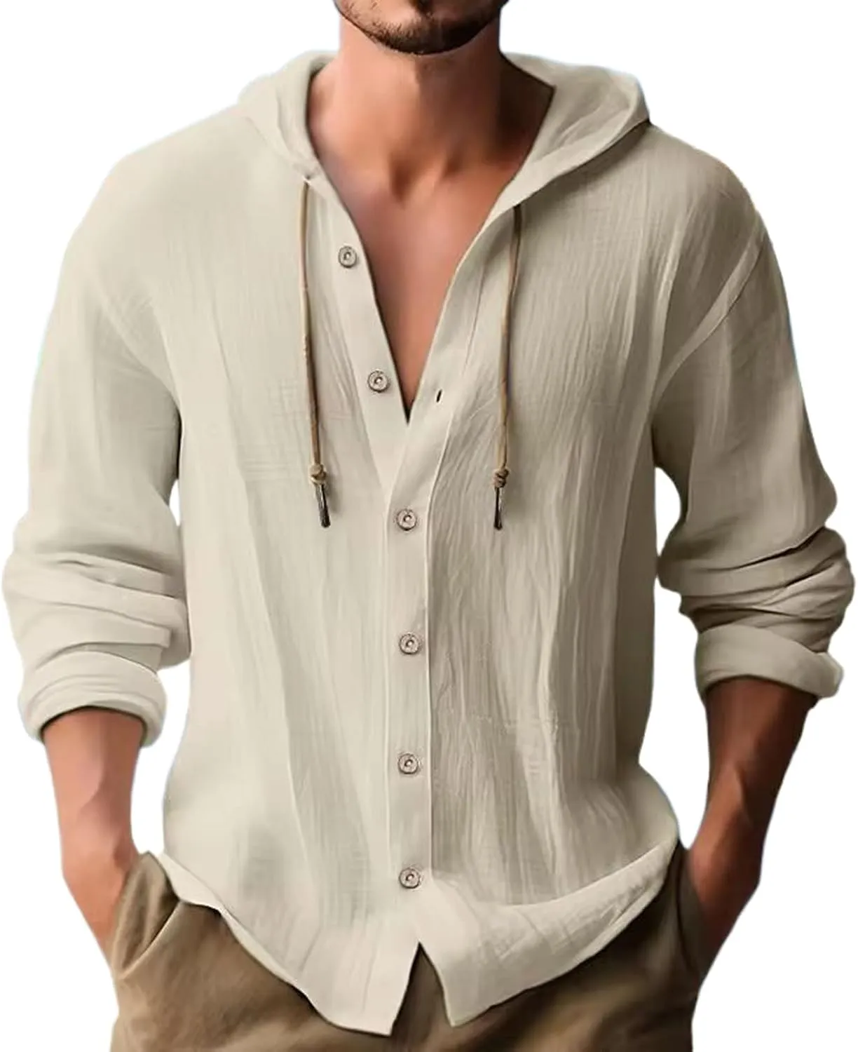 Men's Cotton Linen Shirt Hooded Shirt Button Long Sleeve Spring Summer Leisure Shirt
