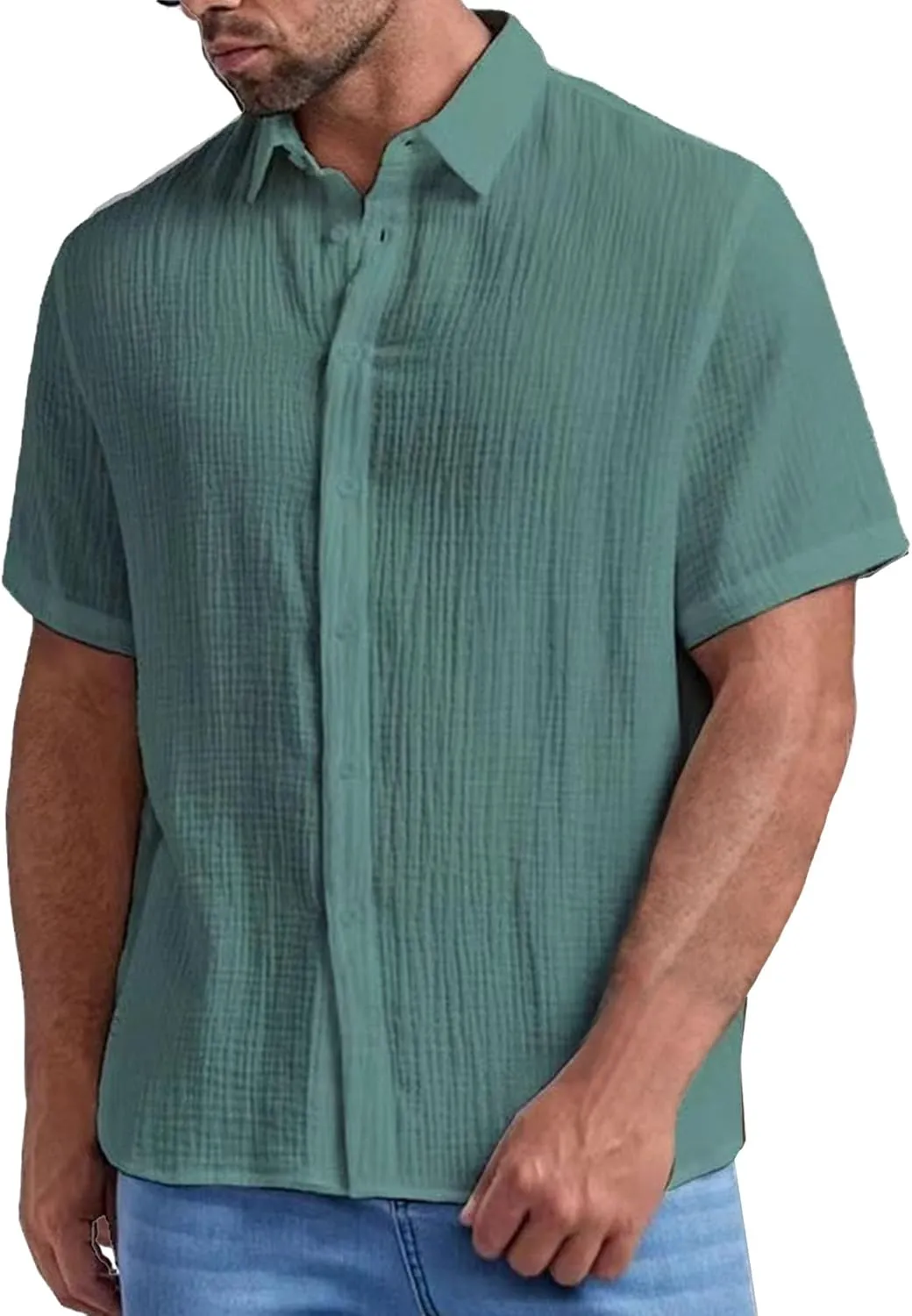 Men's Cotton Linen Short Sleeve Shirts Summer Casual Button Down Shirts Stylish Business Dress Shirt