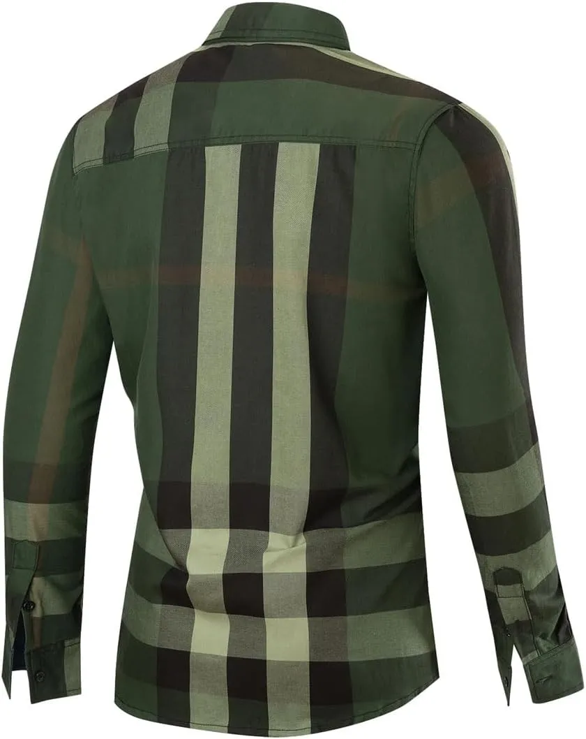 Men's Fashion Contrast Plaid Shirt Long Sleeve Casual Business Cotton Buttons Up Dress Shirts