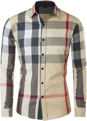 Men's Fashion Contrast Plaid Shirt Long Sleeve Casual Business Cotton Buttons Up Dress Shirts