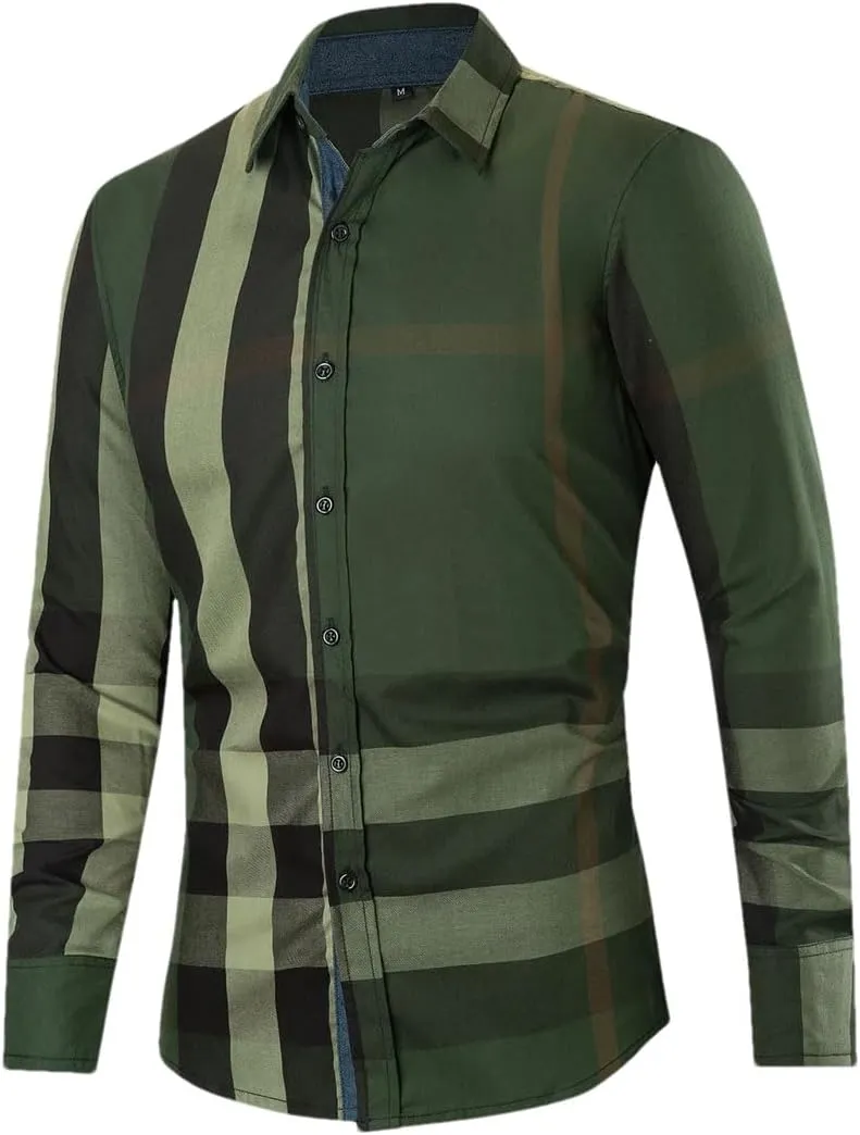 Men's Fashion Contrast Plaid Shirt Long Sleeve Casual Business Cotton Buttons Up Dress Shirts