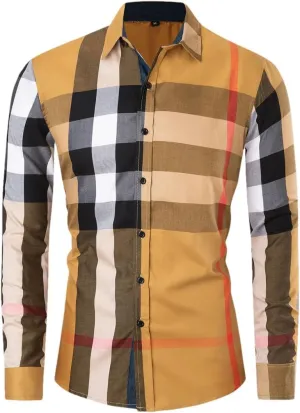 Men's Fashion Contrast Plaid Shirt Long Sleeve Casual Business Cotton Buttons Up Dress Shirts