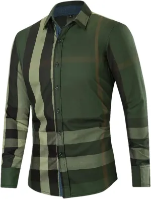 Men's Fashion Contrast Plaid Shirt Long Sleeve Casual Business Cotton Buttons Up Dress Shirts
