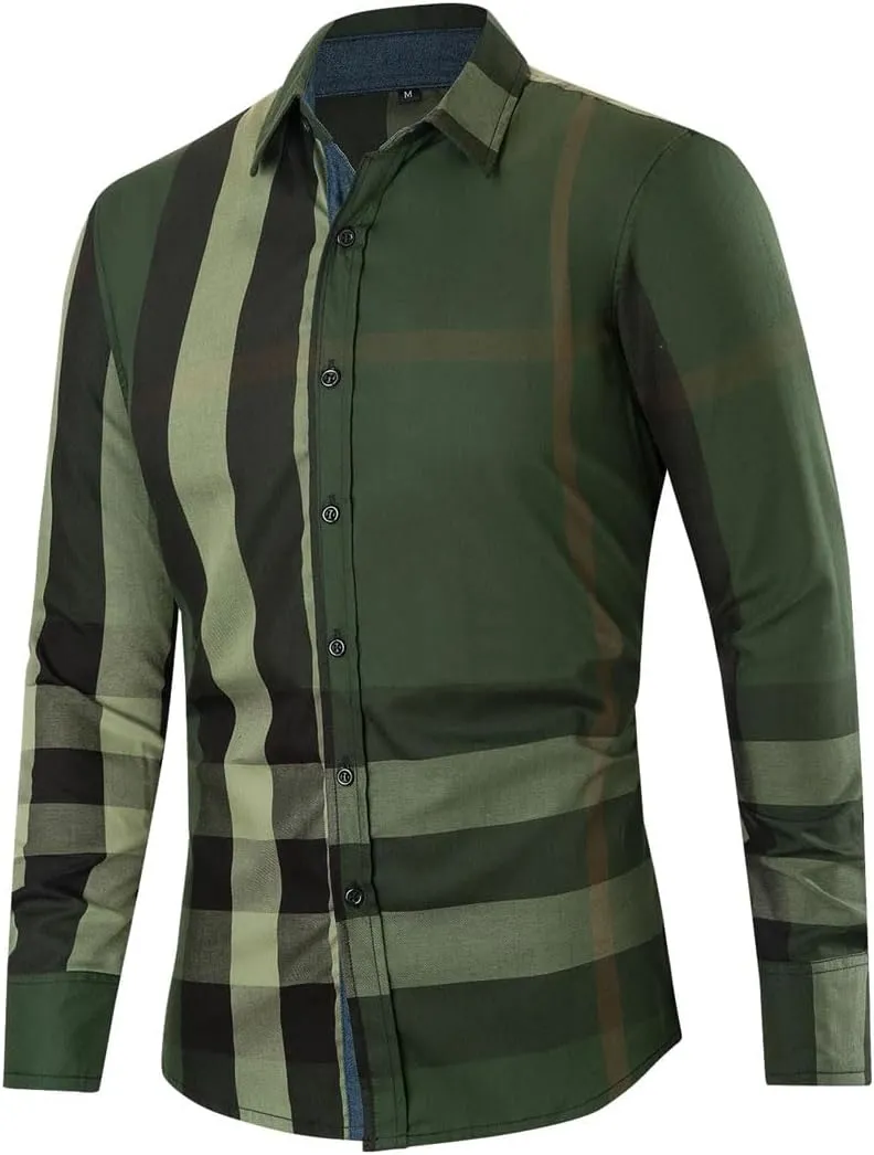 Men's Fashion Contrast Plaid Shirt Long Sleeve Casual Business Cotton Buttons Up Dress Shirts