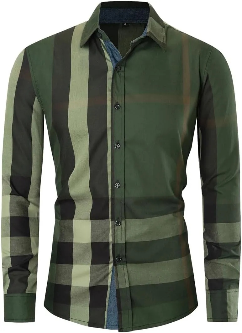 Men's Fashion Contrast Plaid Shirt Long Sleeve Casual Business Cotton Buttons Up Dress Shirts