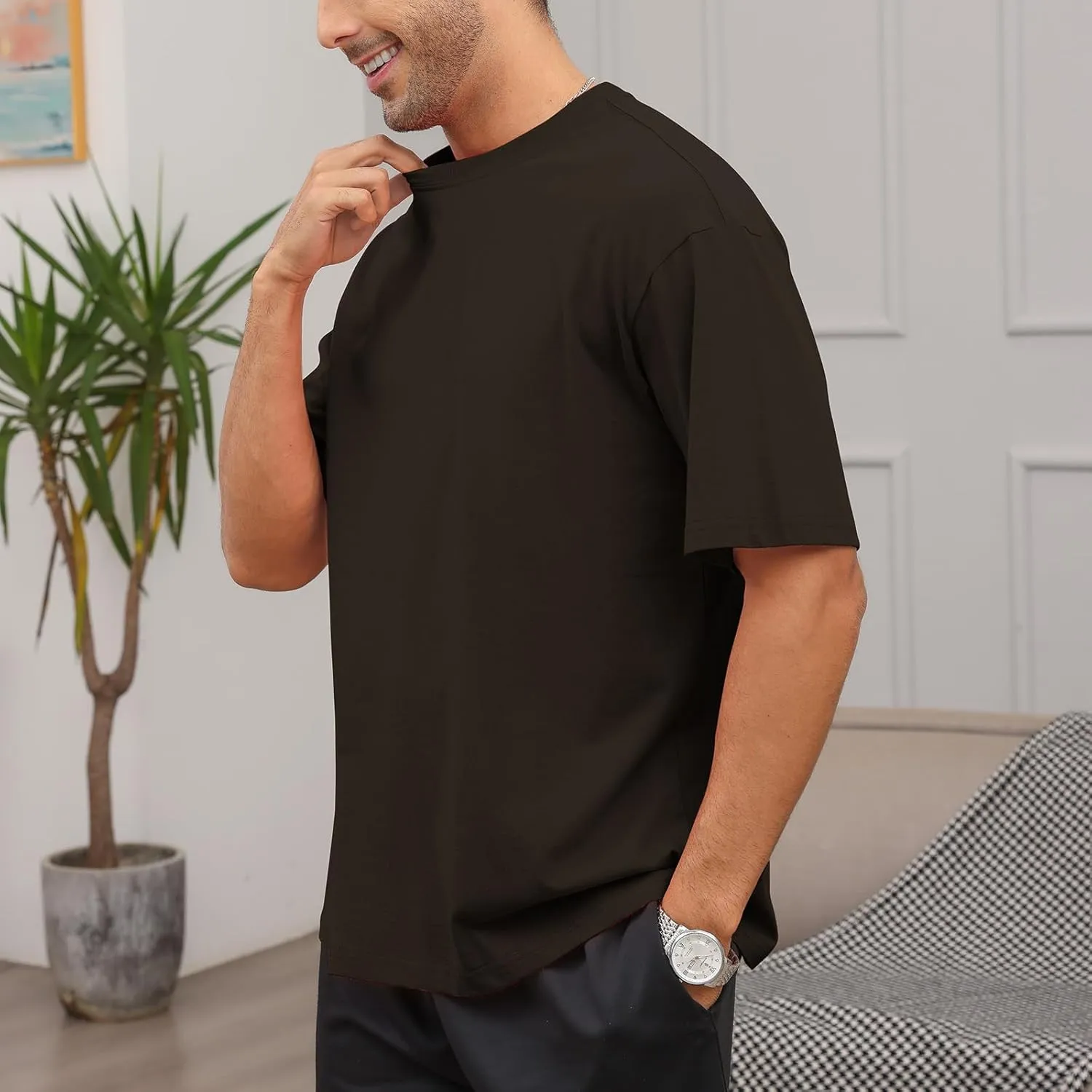 Men's Fashion Loose Fit T-Shirt Crew Neck Athletic Workout Tshirts Heavyweight Short Sleeve Premium Cotton Basic Tee