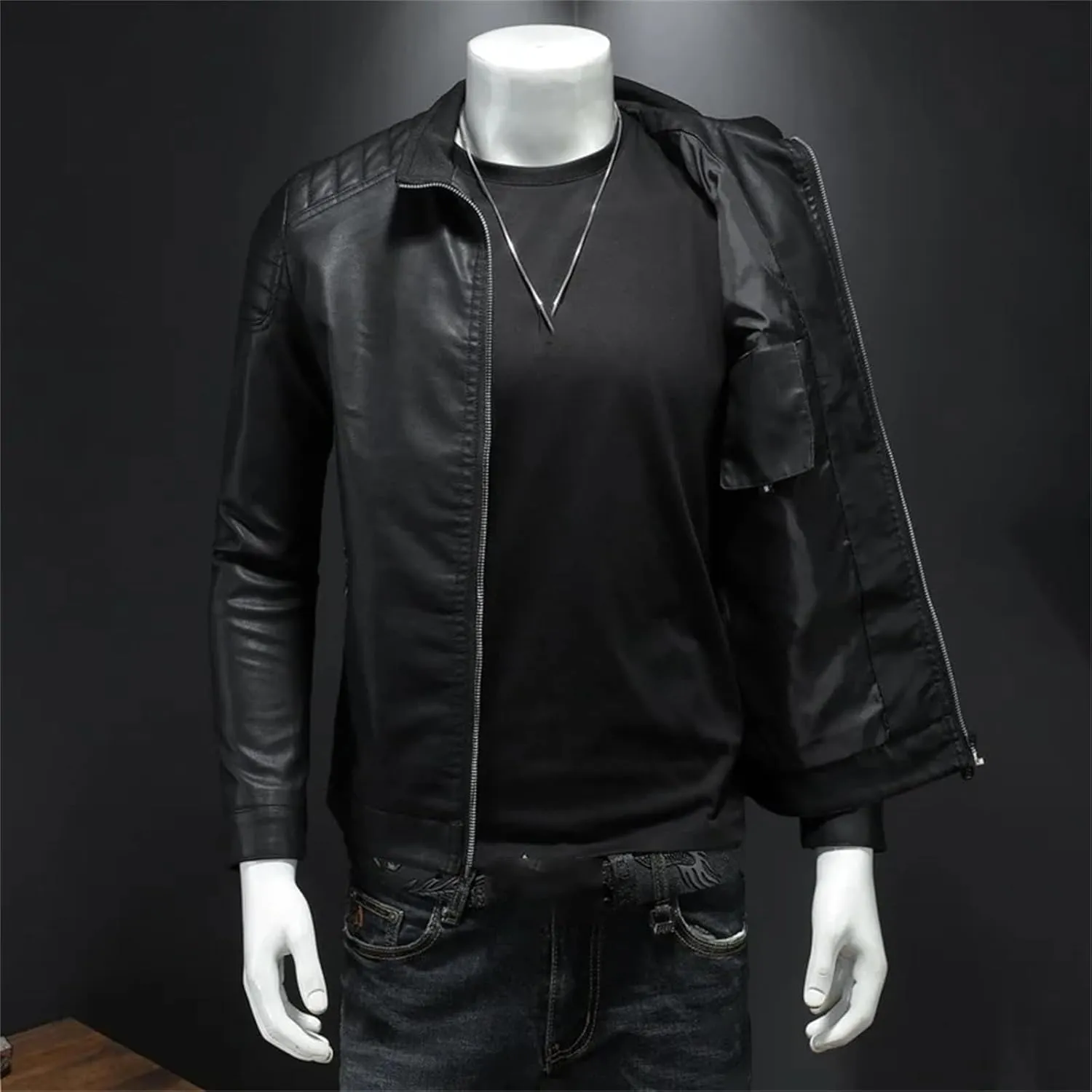 Mens Fashion Stand Collar Warm PU Leather Jacket Coat Man Casual Slim Fit Motorcycle Leather Jacket
