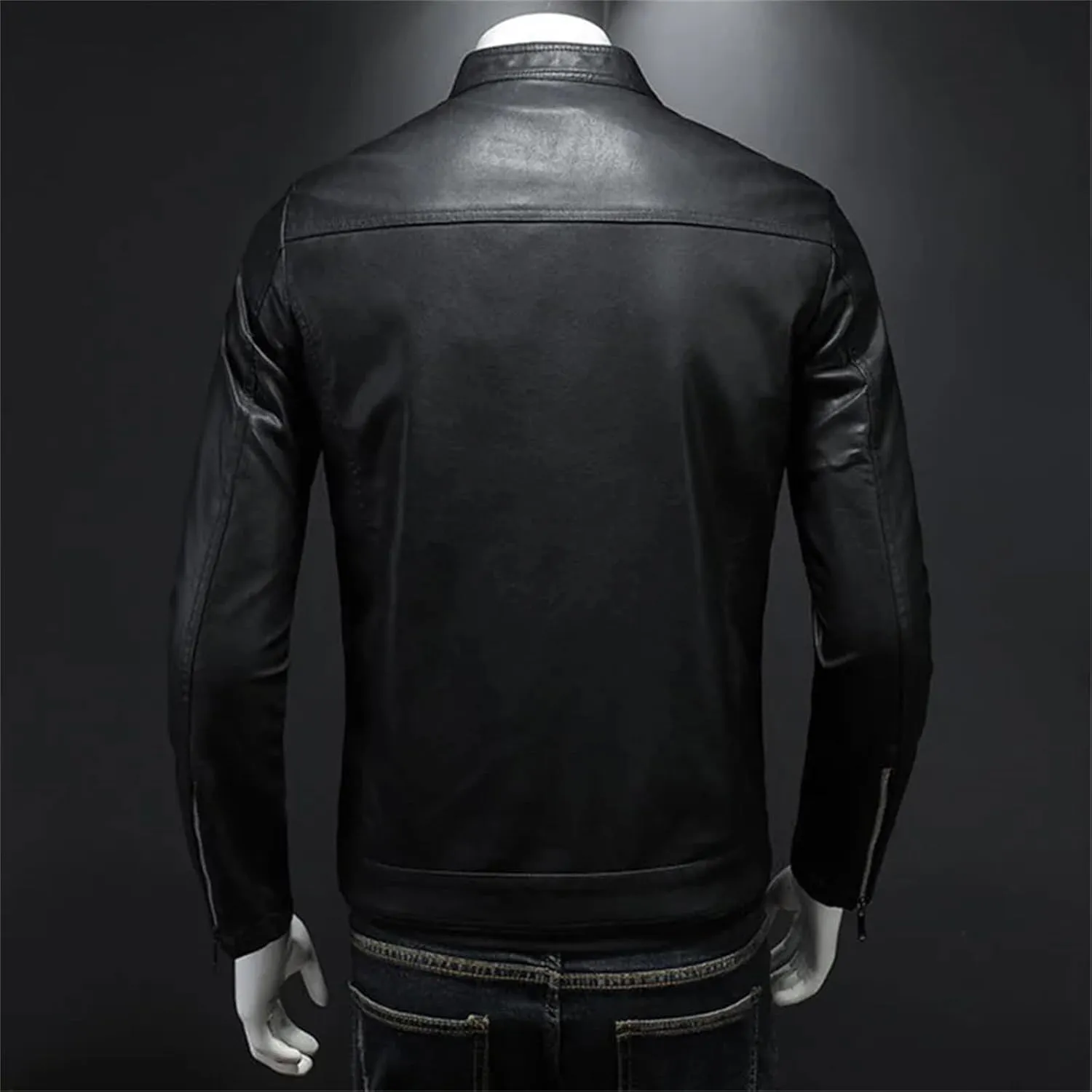 Mens Fashion Stand Collar Warm PU Leather Jacket Coat Man Casual Slim Fit Motorcycle Leather Jacket
