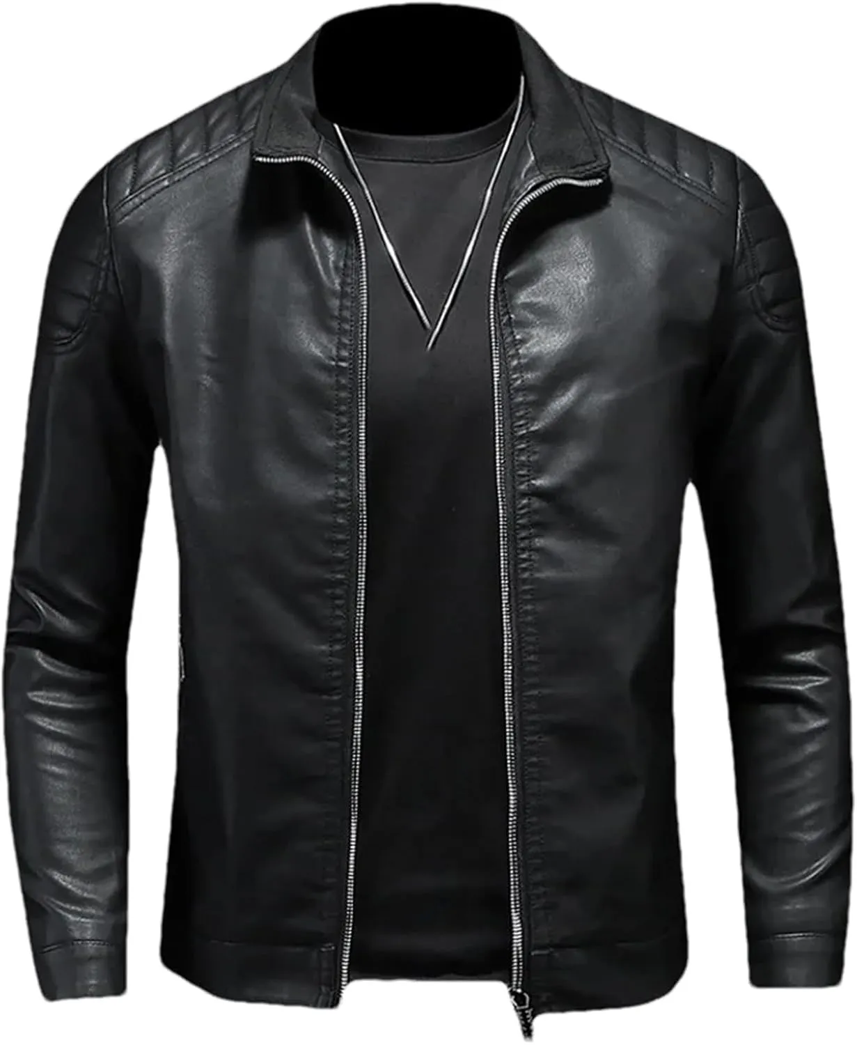 Mens Fashion Stand Collar Warm PU Leather Jacket Coat Man Casual Slim Fit Motorcycle Leather Jacket