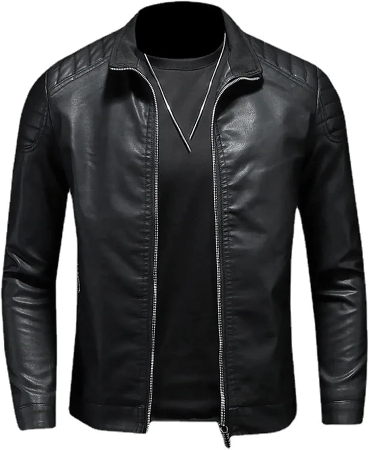 Mens Fashion Stand Collar Warm PU Leather Jacket Coat Man Casual Slim Fit Motorcycle Leather Jacket
