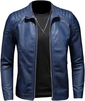 Mens Fashion Stand Collar Warm PU Leather Jacket Coat Man Casual Slim Fit Motorcycle Leather Jacket