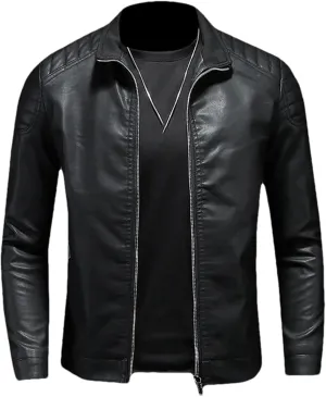 Mens Fashion Stand Collar Warm PU Leather Jacket Coat Man Casual Slim Fit Motorcycle Leather Jacket