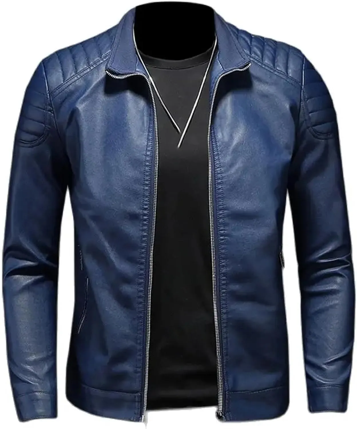 Mens Fashion Stand Collar Warm PU Leather Jacket Coat Man Casual Slim Fit Motorcycle Leather Jacket