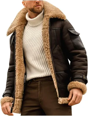 Mens Faux Leather Jacket Cozy Sherpa Fleece Lined Bomber Jackets Winter Coat Heavyweight Suede Faux Fur Trench Coat