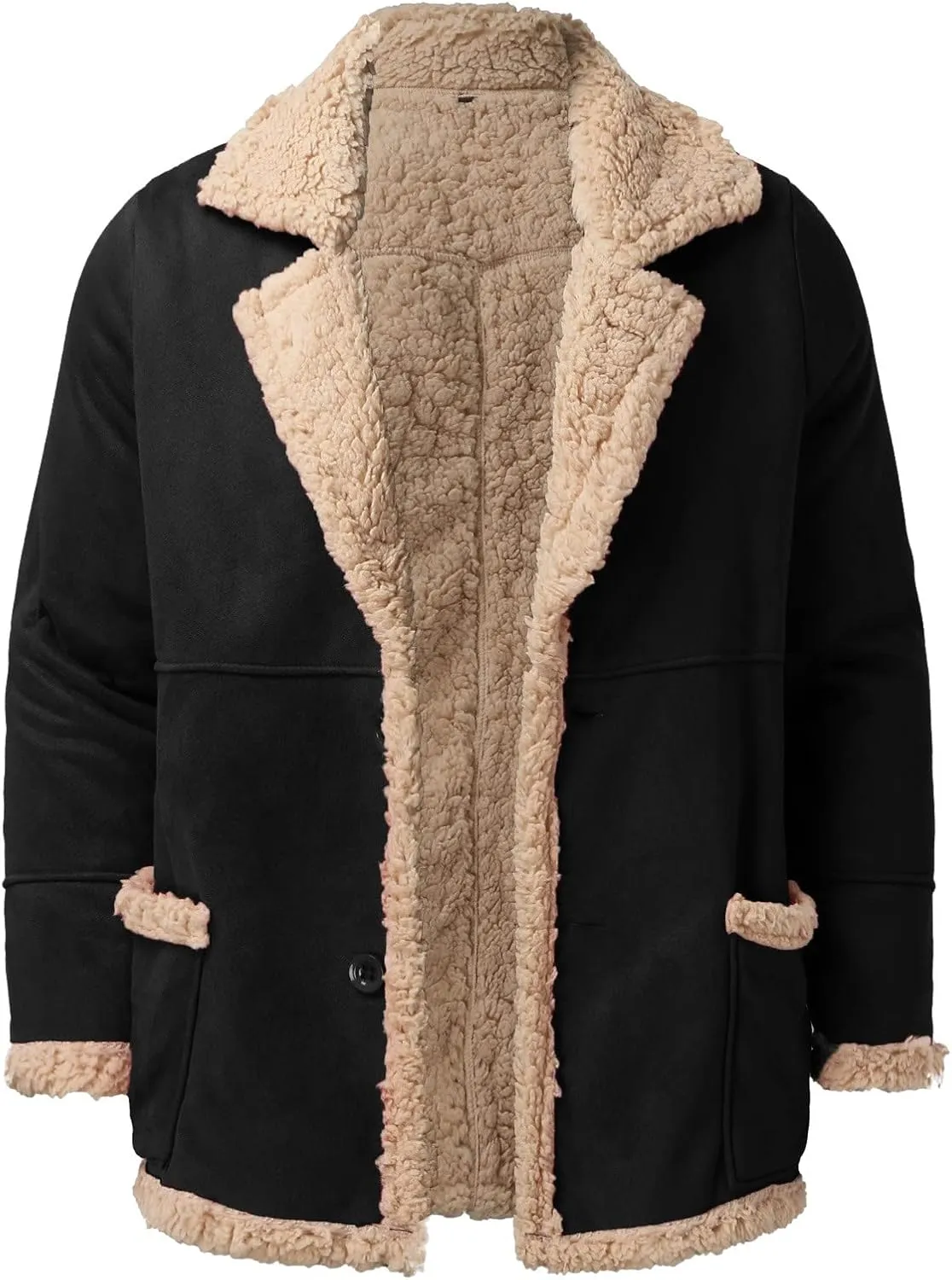 Mens Faux Leather Jacket Cozy Sherpa Fleece Lined Bomber Jackets Winter Coat Heavyweight Suede Faux Fur Trench Coat