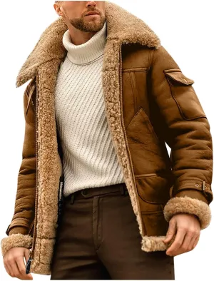 Mens Faux Leather Jacket Cozy Sherpa Fleece Lined Bomber Jackets Winter Coat Heavyweight Suede Faux Fur Trench Coat