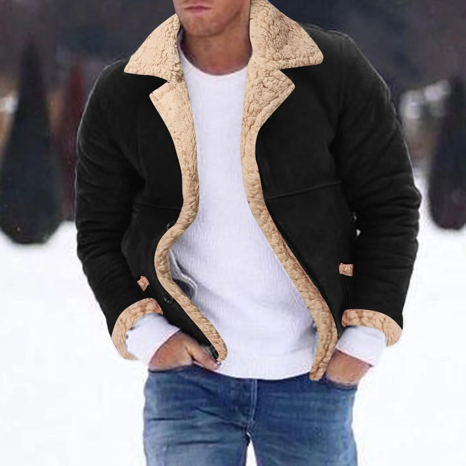 Mens Faux Leather Jacket Cozy Sherpa Fleece Lined Bomber Jackets Winter Coat Heavyweight Suede Faux Fur Trench Coat