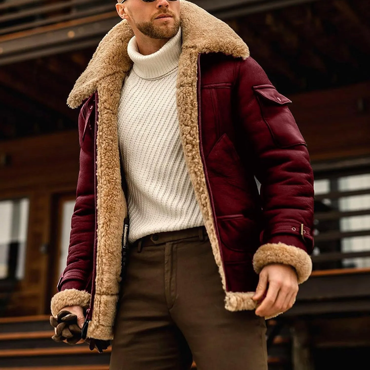 Mens Faux Leather Jacket Cozy Sherpa Fleece Lined Bomber Jackets Winter Coat Heavyweight Suede Faux Fur Trench Coat
