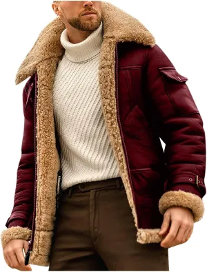 Mens Faux Leather Jacket Cozy Sherpa Fleece Lined Bomber Jackets Winter Coat Heavyweight Suede Faux Fur Trench Coat