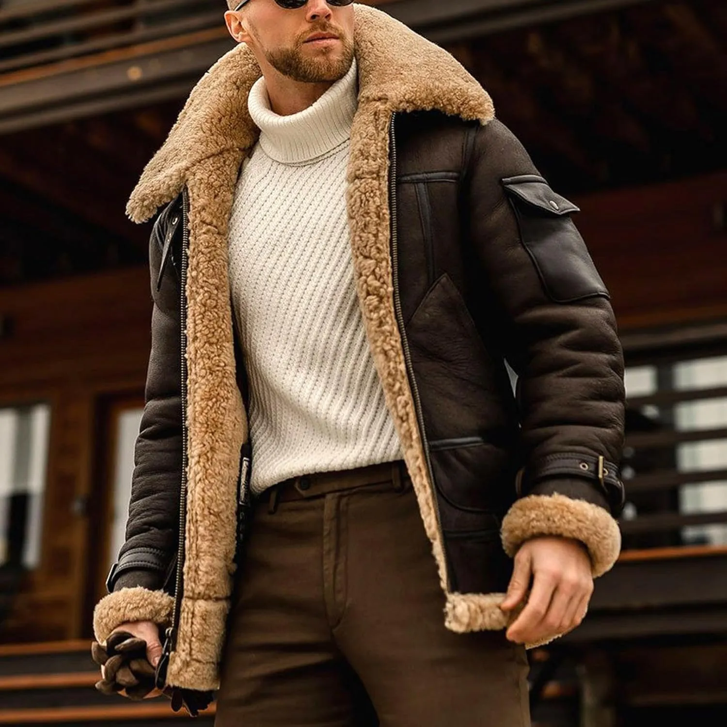 Mens Faux Leather Jacket Cozy Sherpa Fleece Lined Bomber Jackets Winter Coat Heavyweight Suede Faux Fur Trench Coat
