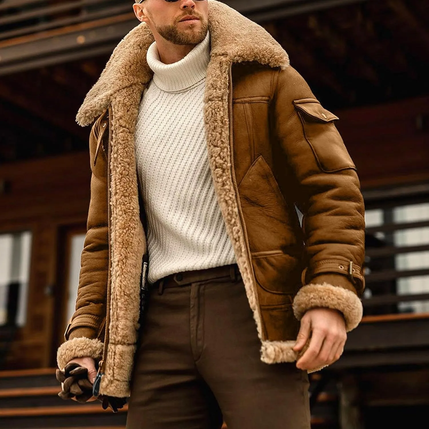 Mens Faux Leather Jacket Cozy Sherpa Fleece Lined Bomber Jackets Winter Coat Heavyweight Suede Faux Fur Trench Coat