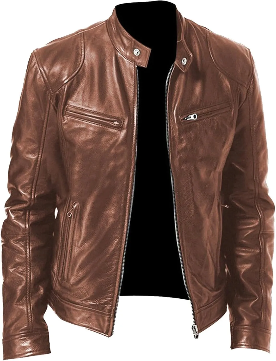 Men's Faux Leather Jacket Fashion Slim Fit Multiple Pockets Motorcycle Jackets Stand Collar Zip Up PU Bomber Outwear