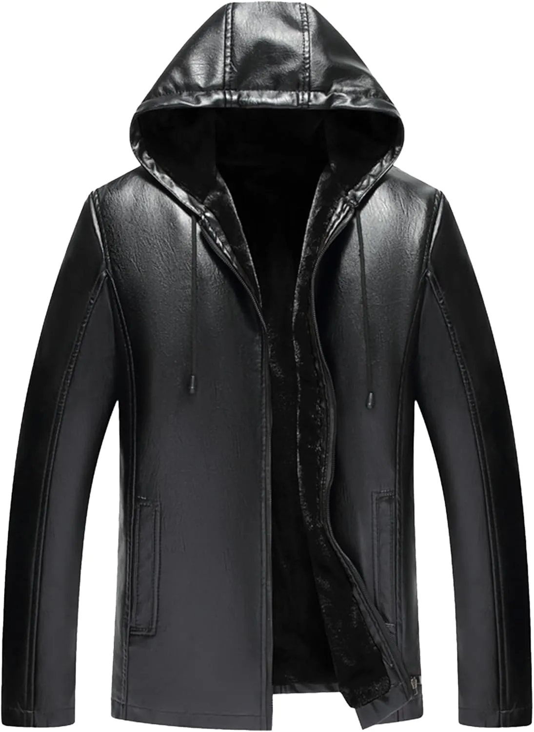 Men's Faux Leather Jacket Fleece Lined Hooded Leather Jacket Windproof Warm Thicken Motorcycle Biker Coat