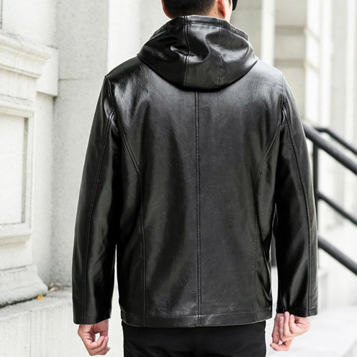 Men's Faux Leather Jacket Fleece Lined Hooded Leather Jacket Windproof Warm Thicken Motorcycle Biker Coat