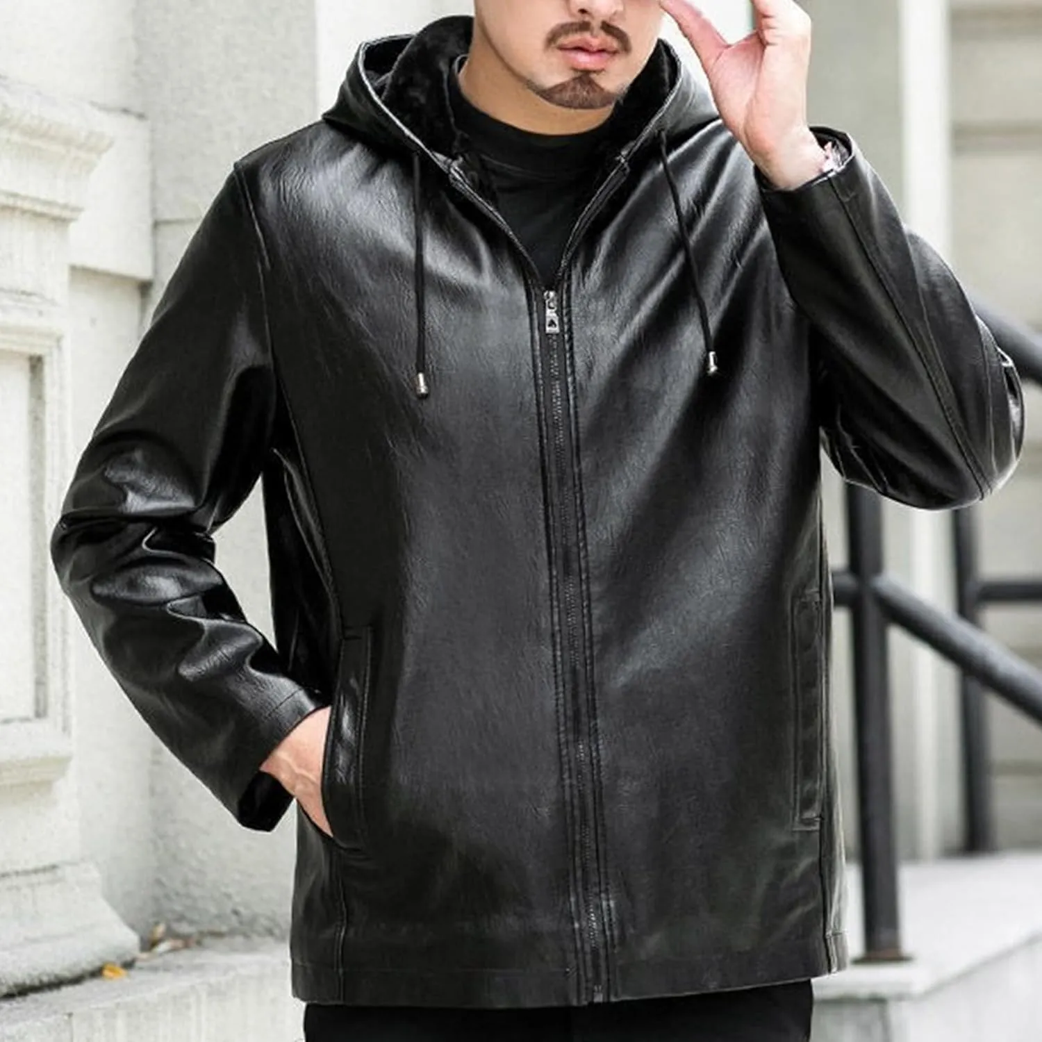 Men's Faux Leather Jacket Fleece Lined Hooded Leather Jacket Windproof Warm Thicken Motorcycle Biker Coat