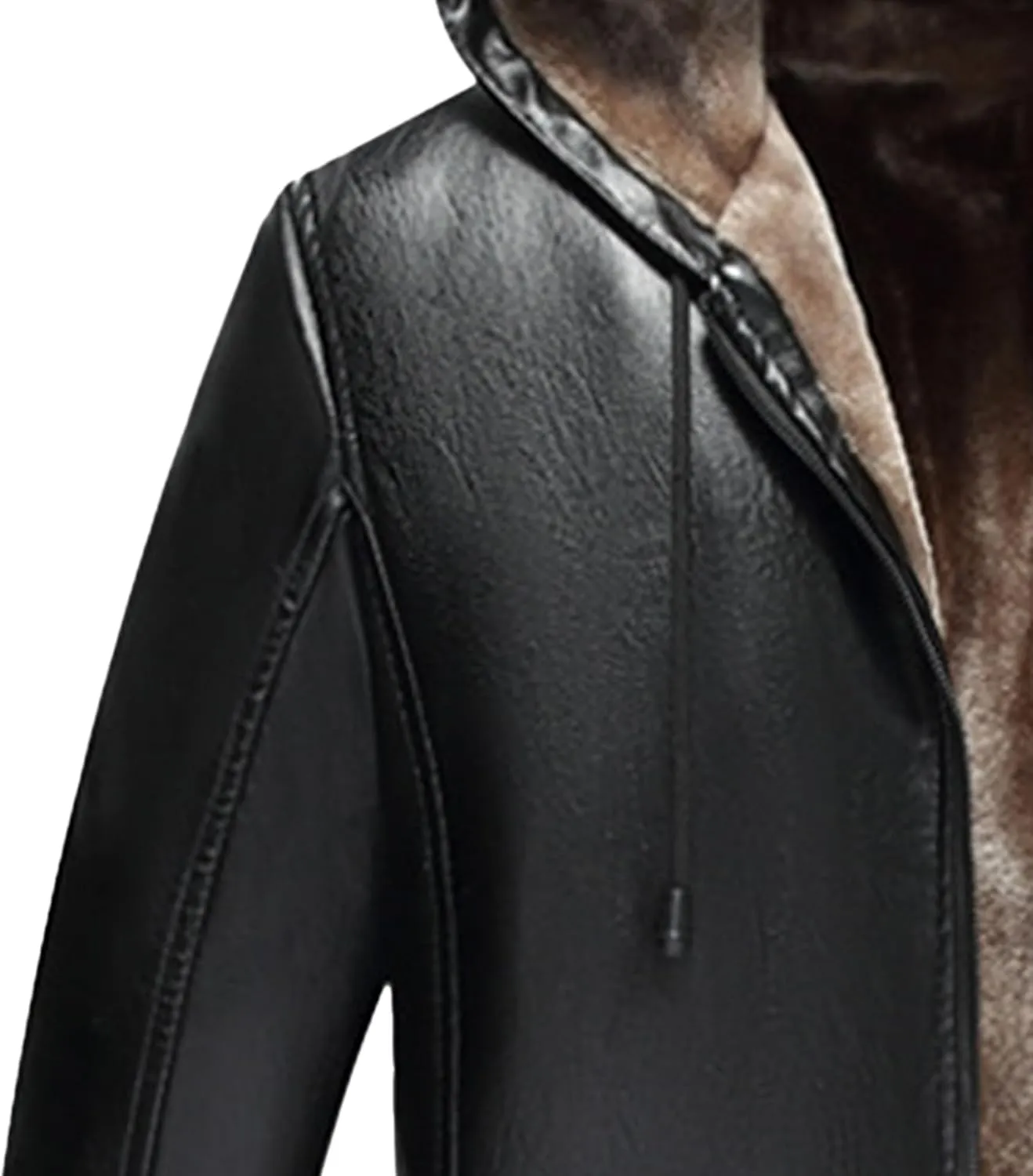 Men's Faux Leather Jacket Fleece Lined Hooded Leather Jacket Windproof Warm Thicken Motorcycle Biker Coat