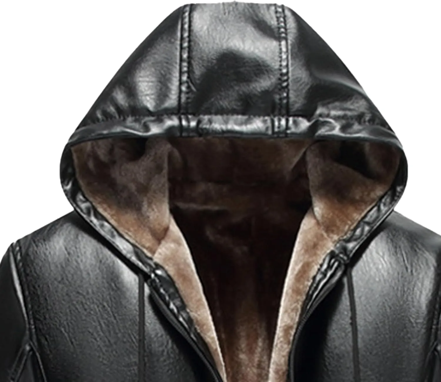 Men's Faux Leather Jacket Fleece Lined Hooded Leather Jacket Windproof Warm Thicken Motorcycle Biker Coat