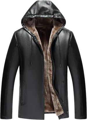 Men's Faux Leather Jacket Fleece Lined Hooded Leather Jacket Windproof Warm Thicken Motorcycle Biker Coat