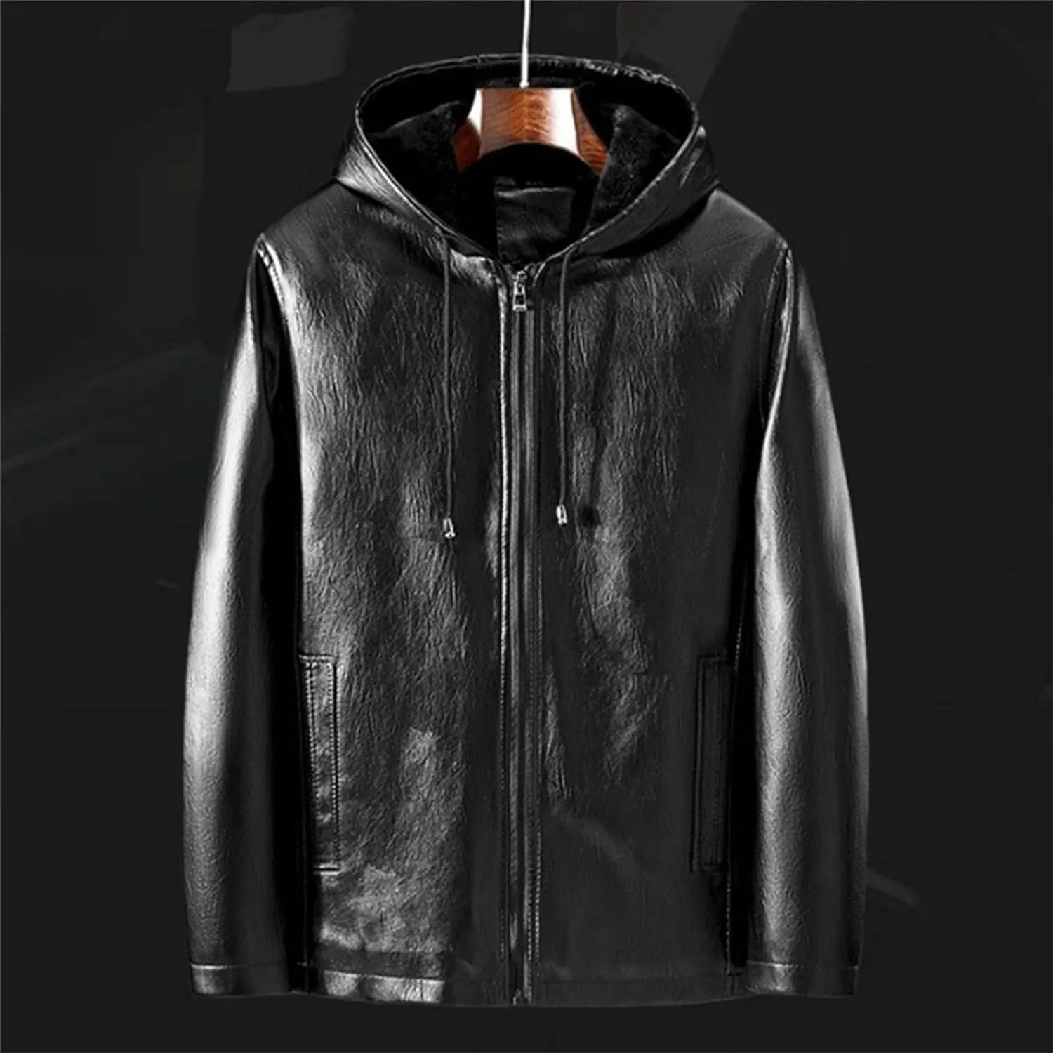 Men's Faux Leather Jacket Fleece Lined Hooded Leather Jacket Windproof Warm Thicken Motorcycle Biker Coat