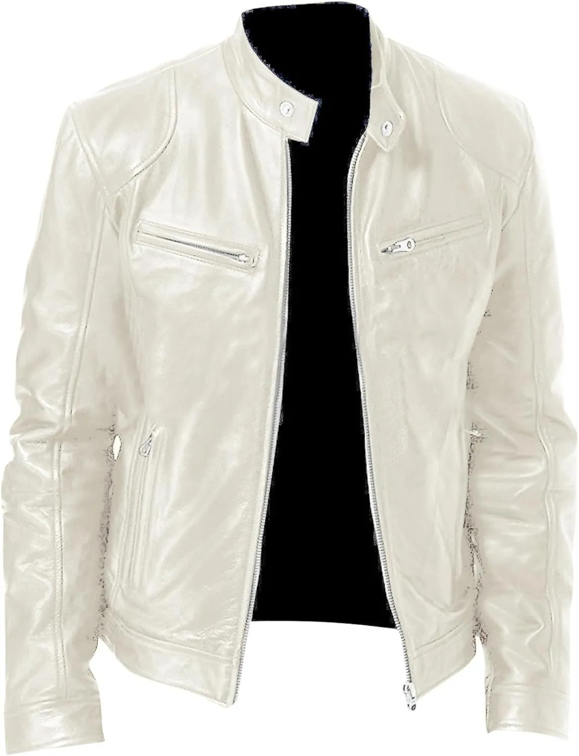Men's Faux Leather Jacket Slim Zip Up Stand Collar Motorcycle Coat Waterproof Windproof PU Moto Outwear with Pockets
