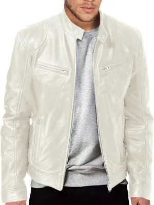 Men's Faux Leather Jacket Slim Zip Up Stand Collar Motorcycle Coat Waterproof Windproof PU Moto Outwear with Pockets