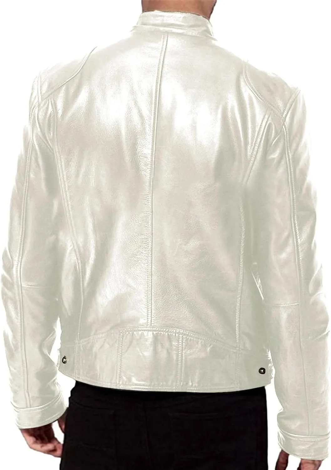 Men's Faux Leather Jacket Slim Zip Up Stand Collar Motorcycle Coat Waterproof Windproof PU Moto Outwear with Pockets