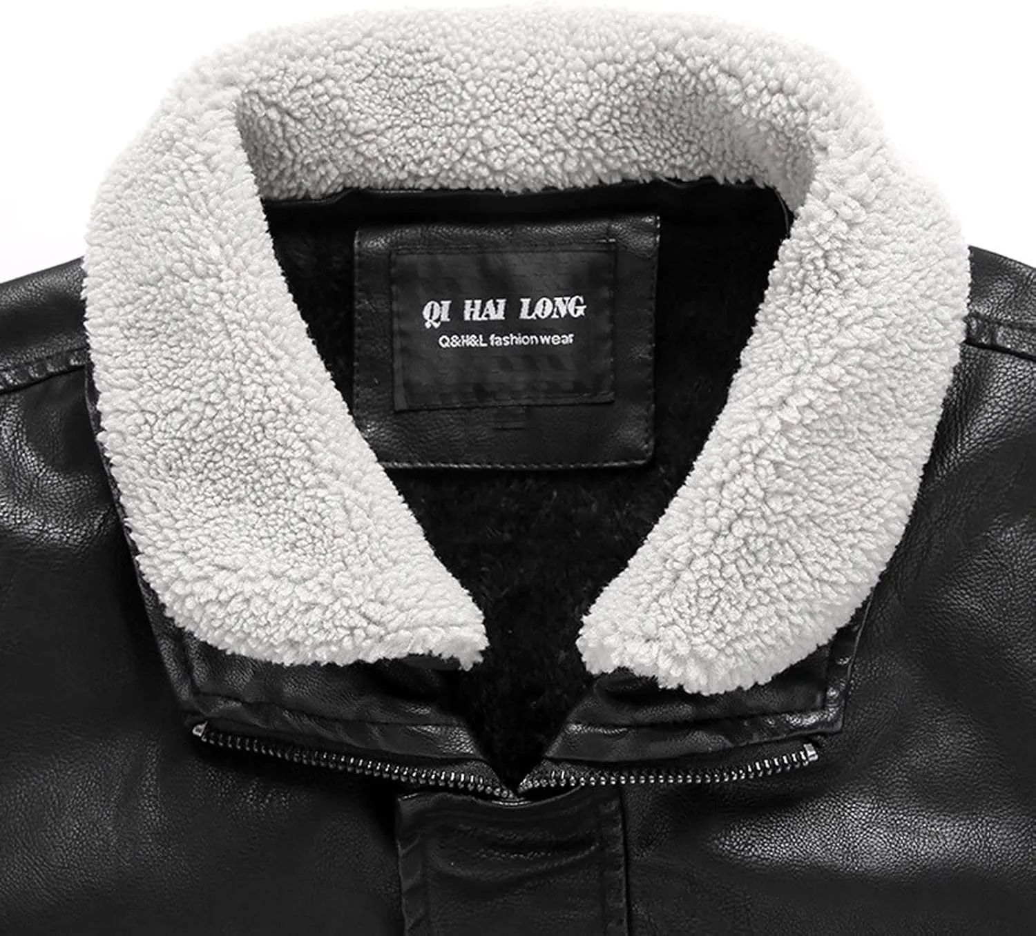 Men's Faux Pu Leather Jacket Fleece Sherpa Lined Trench Coats Heavyweight Zipper Fur Collar Retro Motorcycle Jacket