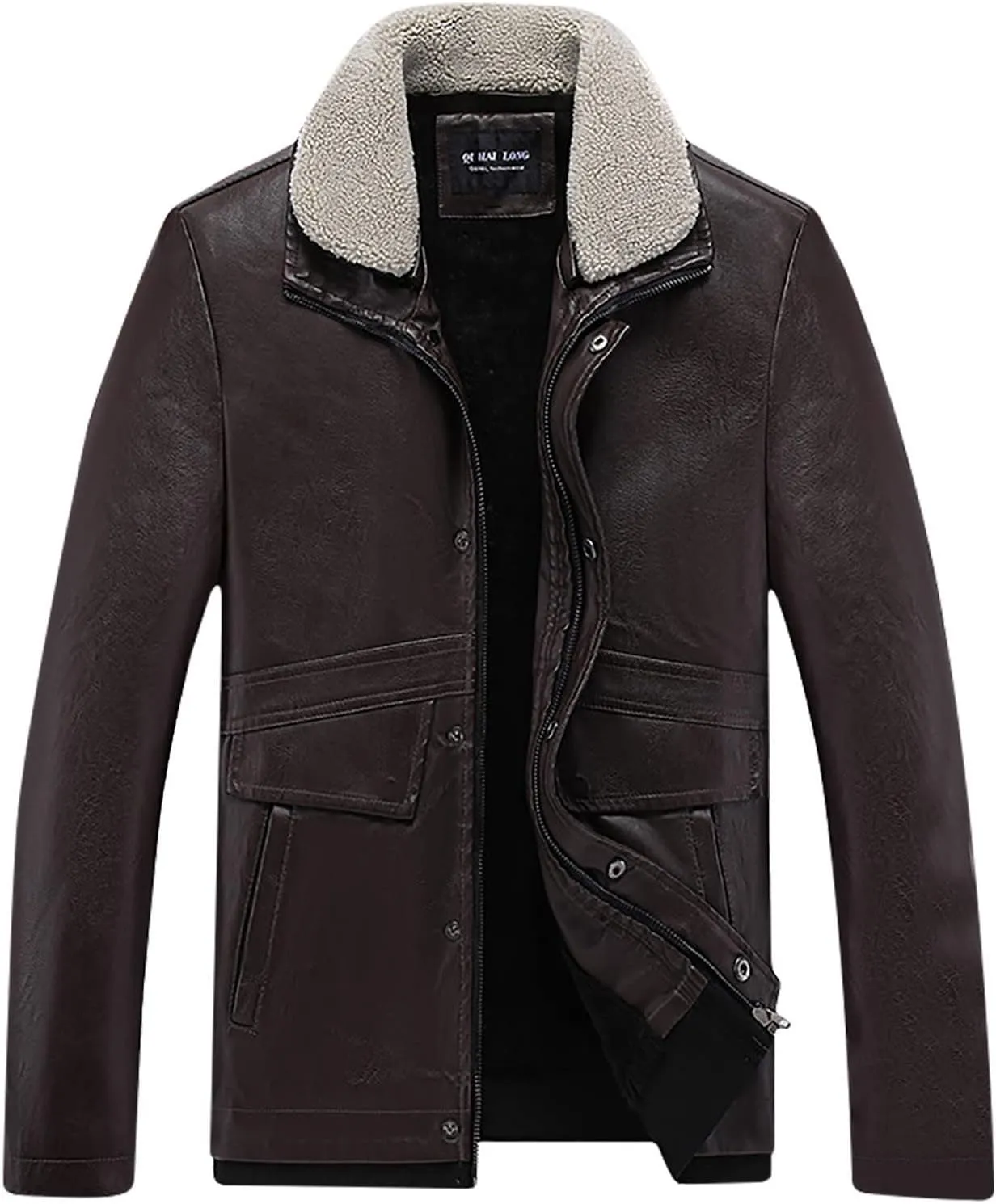 Men's Faux Pu Leather Jacket Fleece Sherpa Lined Trench Coats Heavyweight Zipper Fur Collar Retro Motorcycle Jacket