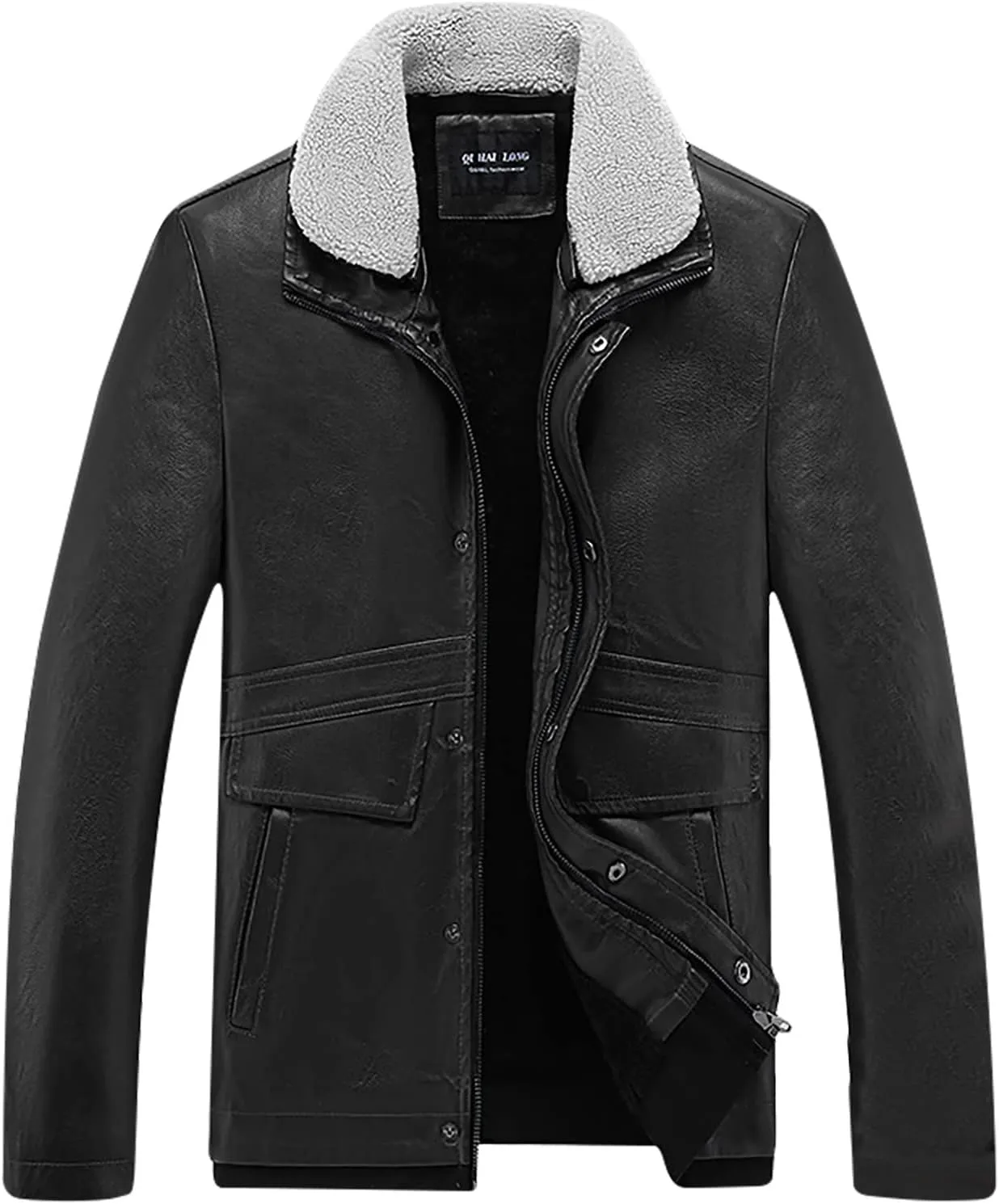 Men's Faux Pu Leather Jacket Fleece Sherpa Lined Trench Coats Heavyweight Zipper Fur Collar Retro Motorcycle Jacket