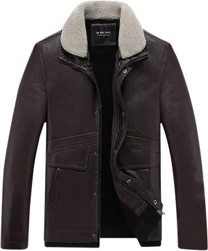 Men's Faux Pu Leather Jacket Fleece Sherpa Lined Trench Coats Heavyweight Zipper Fur Collar Retro Motorcycle Jacket